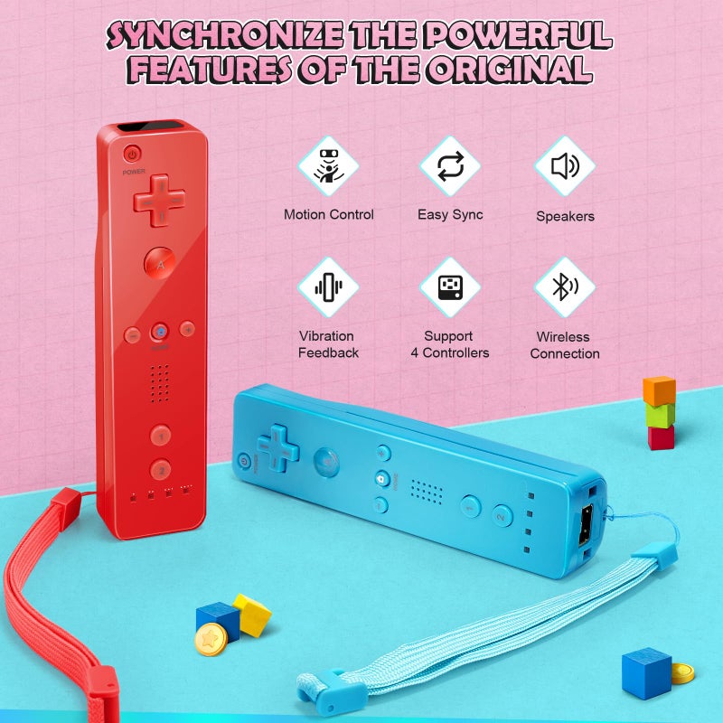 PGYFDAL Wii Controller 2 Pack, Wii Remote Controller and Nunchuck Joystick with Silicone Case and Wrist Strap for Holiday (Red and Blue) - Image 2